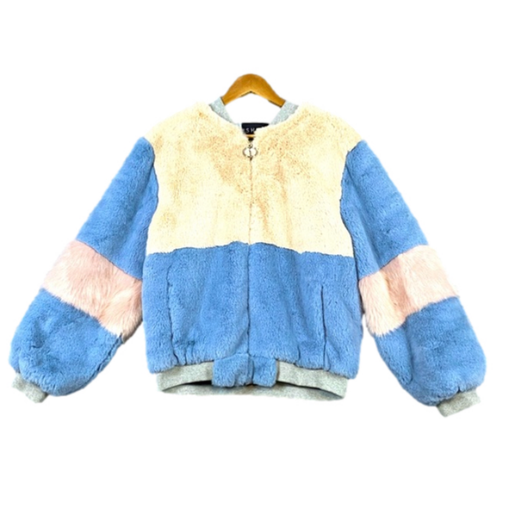 Shaci Faux Fur Full Zip Bomber‎ Jacket Blue Cream Pink Colorblock Size 3X NWOT